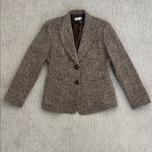 VTG DKNY Wool Blend Brown Tweed Blazer Jacket leather button lined coat
